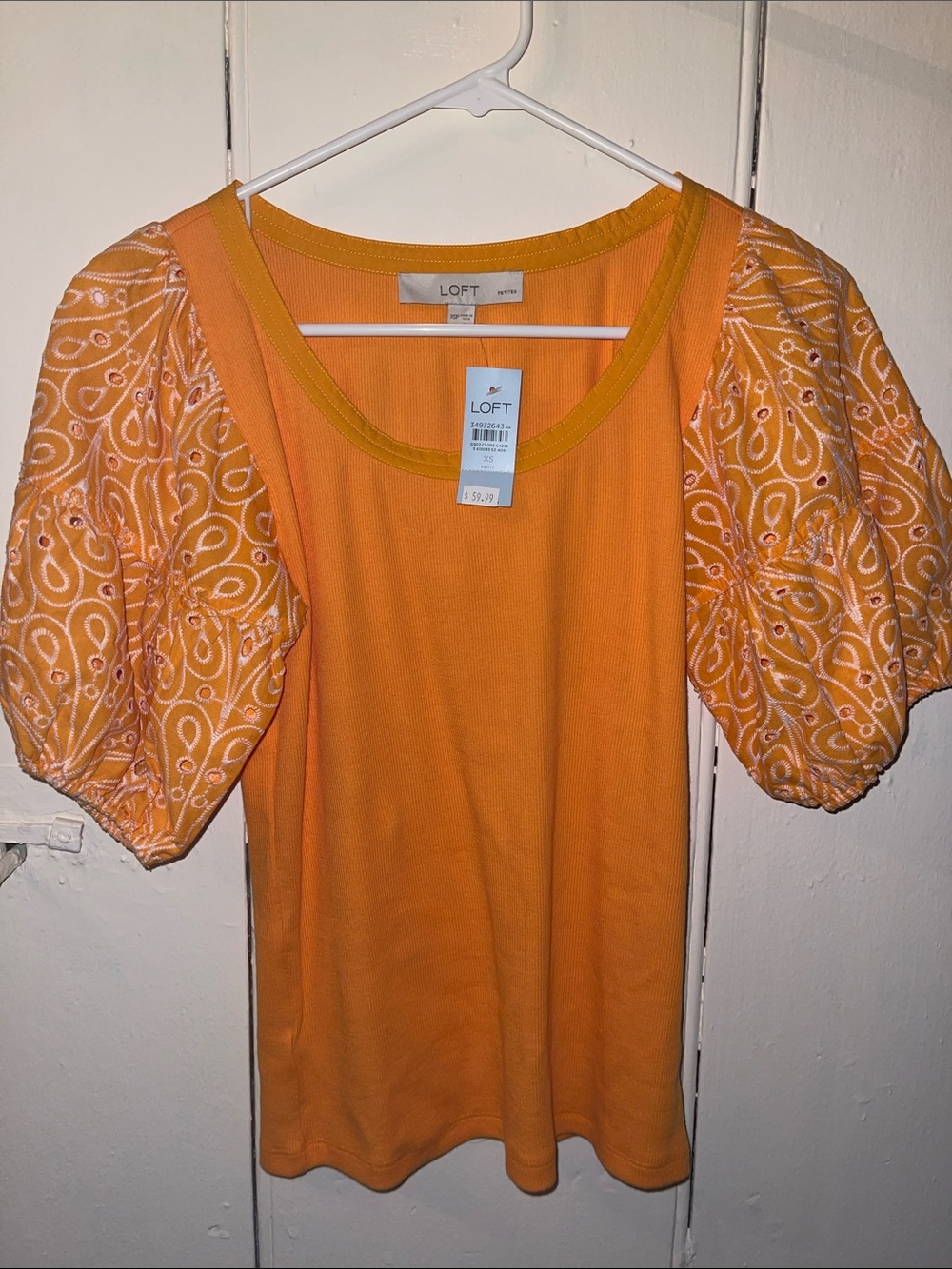 LOFT Orange Knit Top with Embroidered Puff Sleeves